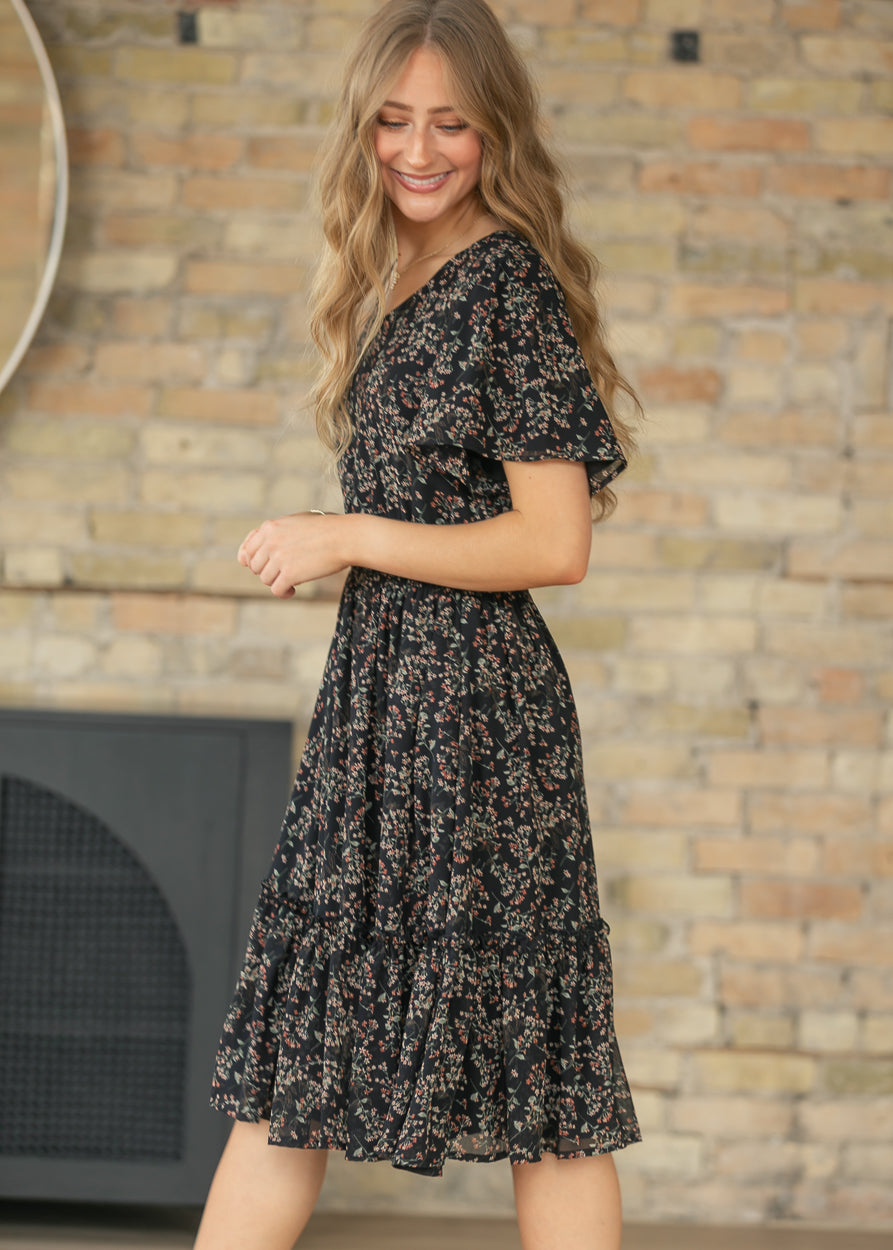 Sophie Black Floral V-Neck Midi Dress
