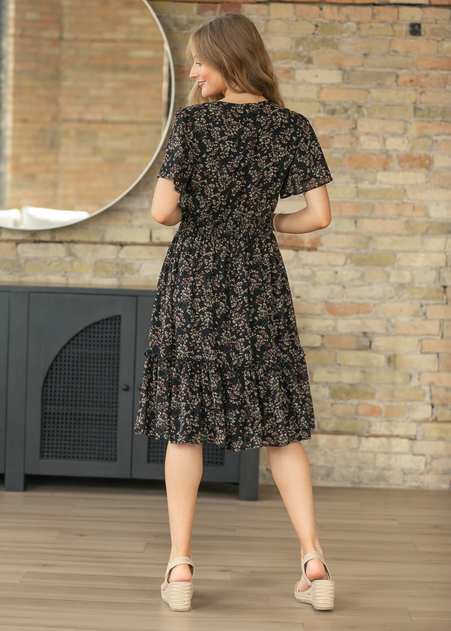 Sophie Black Floral V-Neck Midi Dress