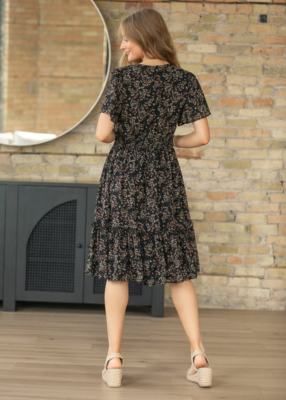 Sophie Black Floral V-Neck Midi Dress