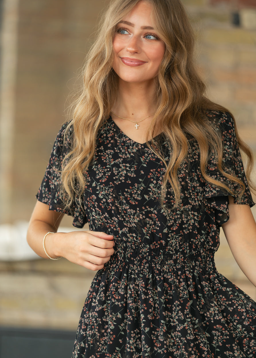 Sophie Black Floral V-Neck Midi Dress