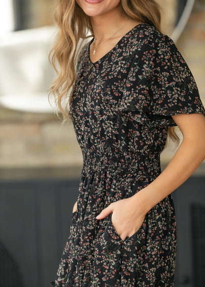 Sophie Black Floral V-Neck Midi Dress