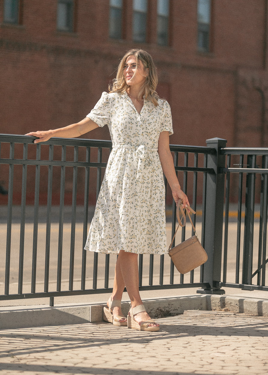 Ivory floral gauze dress with self-tie waist and tiered skirt