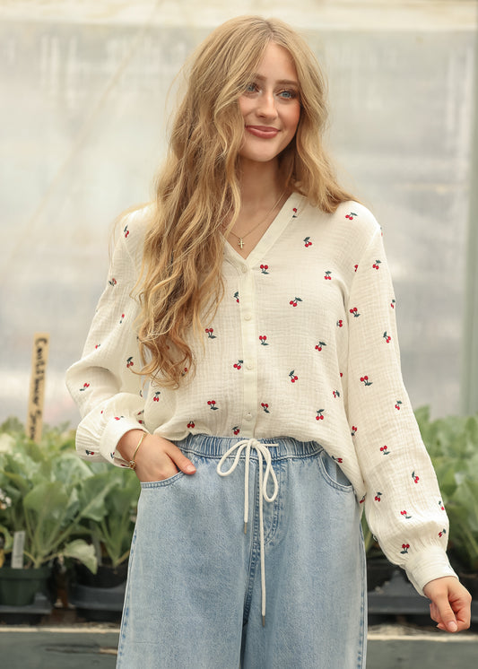 Embroidered Cherry Gauze Top