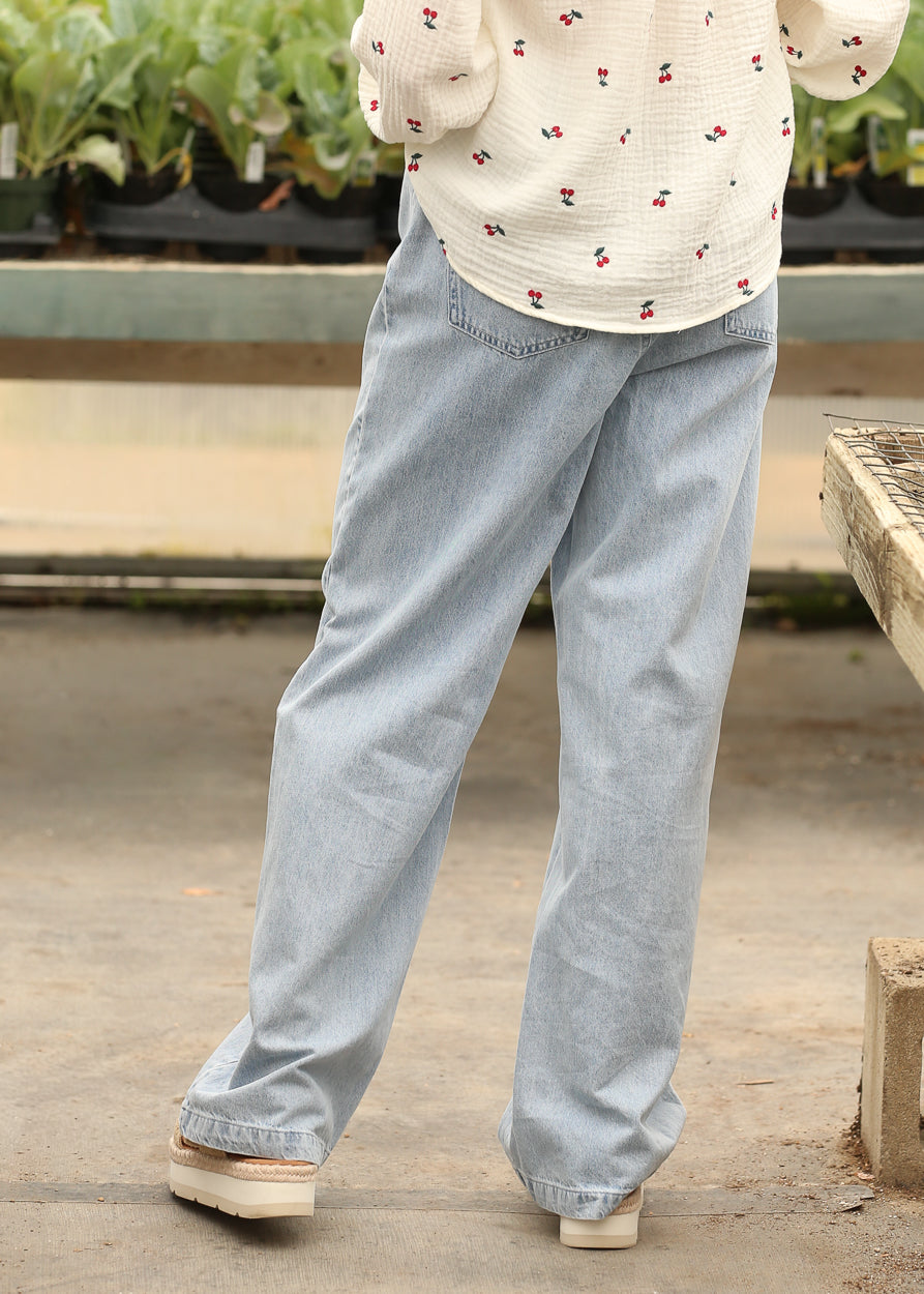 Back view of relaxed fit straight leg denim jeans