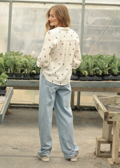 Light wash straight leg jeans with relaxed everyday silhouette