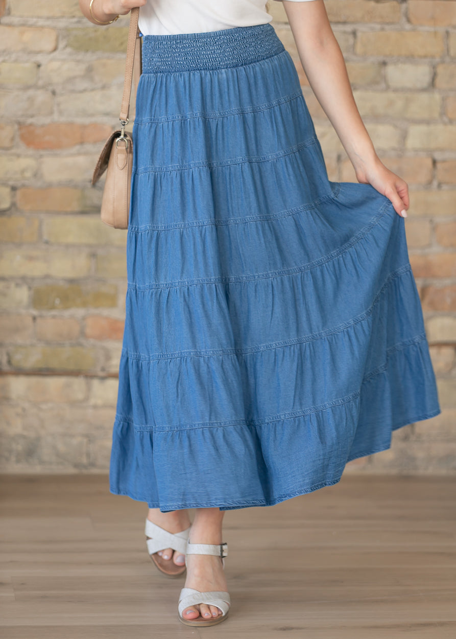 Soft chambray maxi skirt with smocked waistband and tiered design detail
