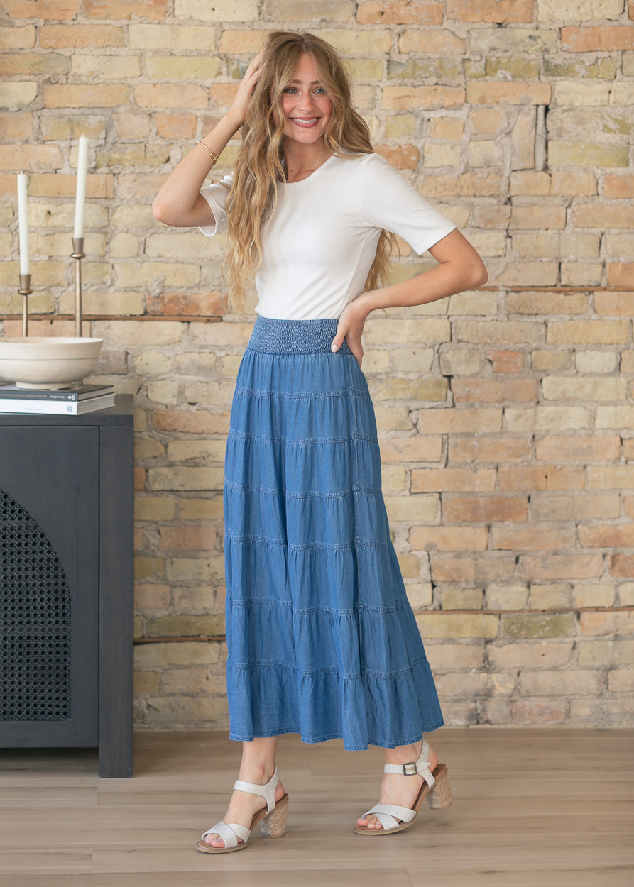 Chambray tiered maxi skirt paired with a white fitted tee