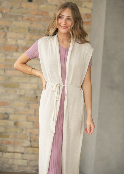 Women's taupe duster cardigan with removable belt styling