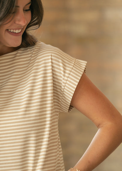 Close-up of taupe and cream striped rib knit top showing the wide neckline and cuffed short sleeve.
