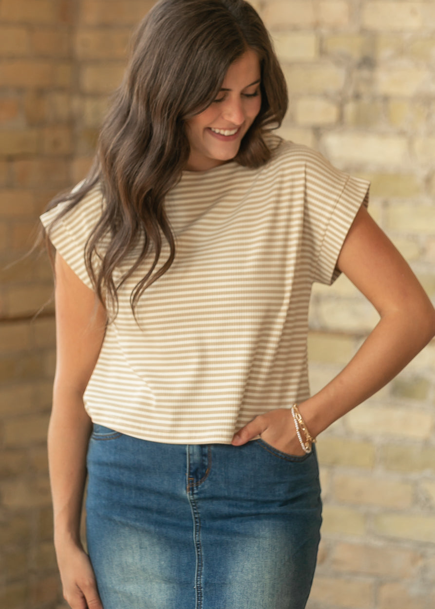 Taupe stripe rib knit boxy top shown from the front with a relaxed drape and short sleeves.