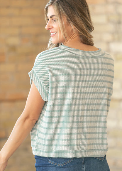 Teal Striped Rib Knit Dolman Top