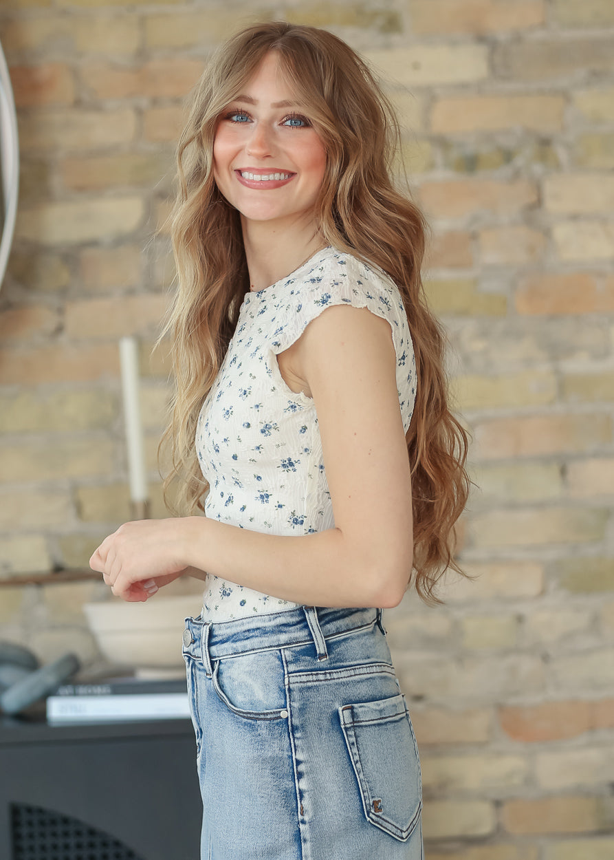 Textured Blue Floral Cap Sleeve Top