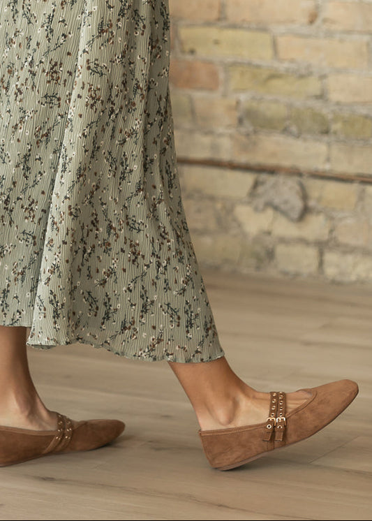 Corkys All Eyes On Me flats styled with a sage floral midi skirt and long sleeve top.