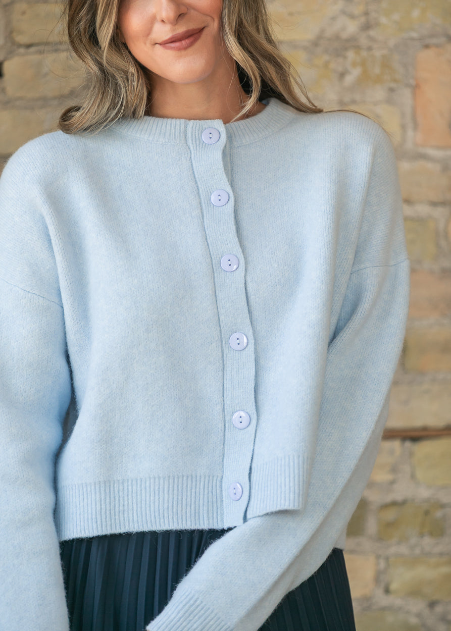 Close-up of the powder blue cardigan's button-front closure and ribbed trim.