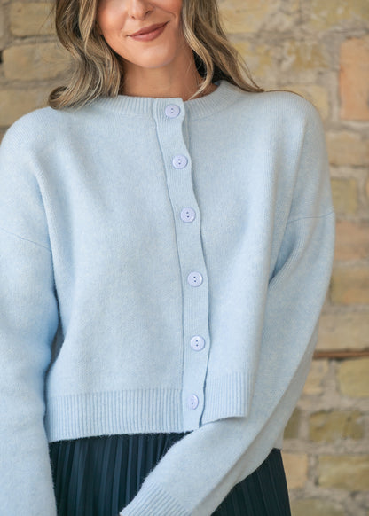 Close-up of the powder blue cardigan's button-front closure and ribbed trim.