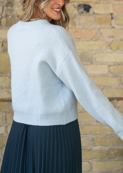 Back of a powder blue button-down cardigan showing its relaxed, boxy fit, styled with a navy pleated midi skirt.