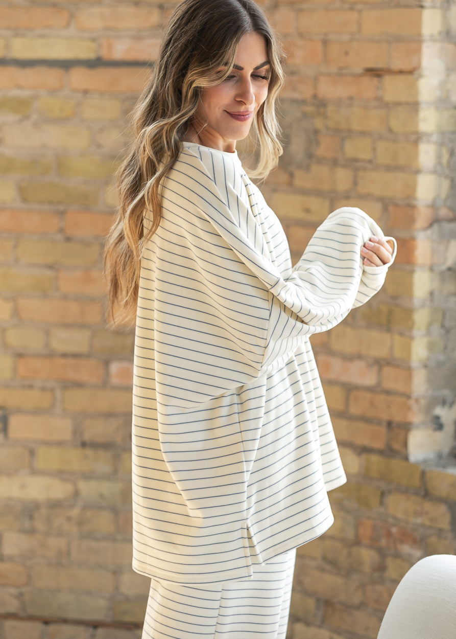 Ivory striped oversized long sleeve top with dropped shoulders and matching Ashton pants.