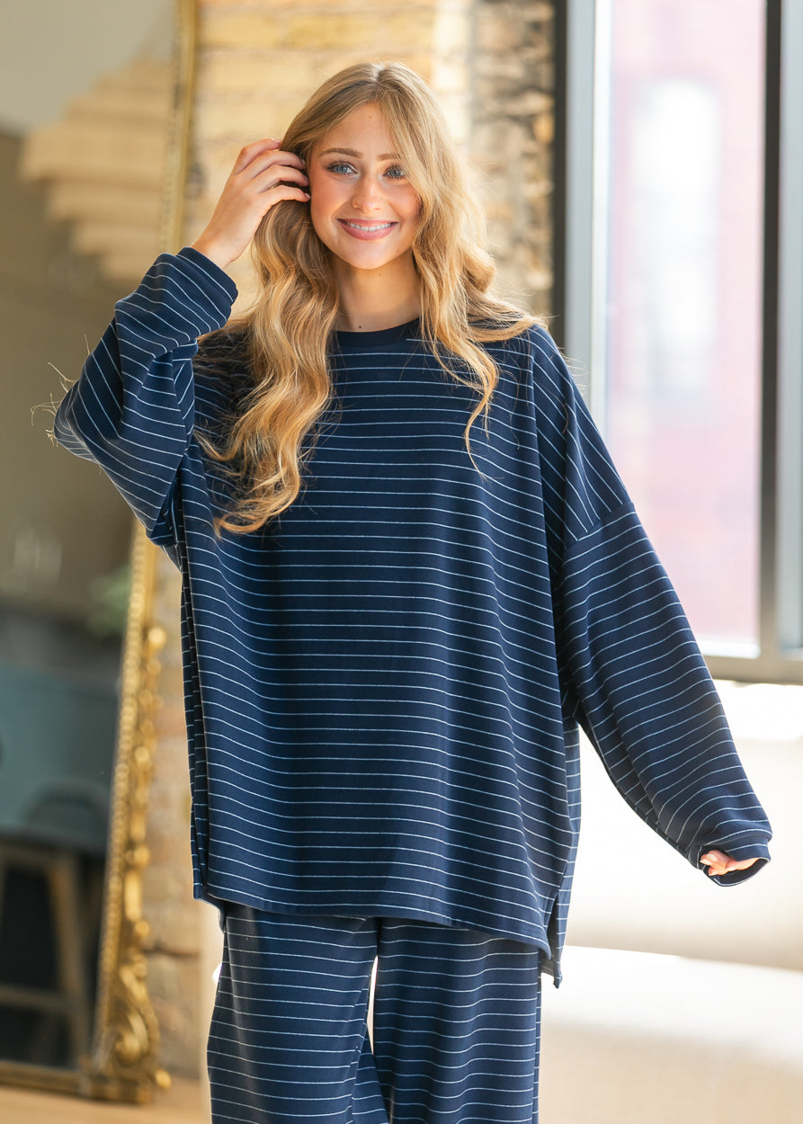 Things Between® Ashton Navy Oversized Long Sleeve Top