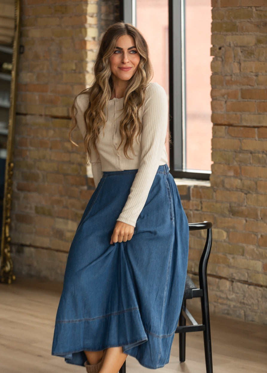 Thread & Supply Everly fitted long sleeve cardigan top styled with a flowing denim skirt
