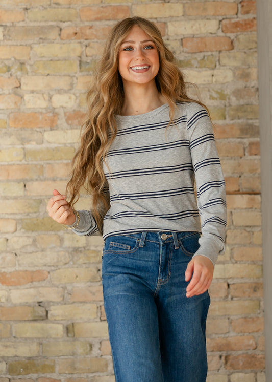 Heather gray Stacy Long Sleeve Top with navy horizontal stripes, crew neckline, and ribbed texture.
