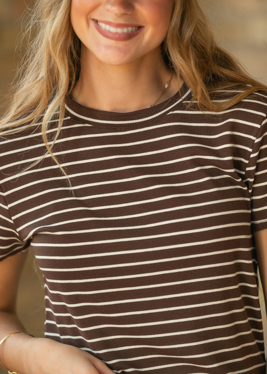 Mahogany brown and cream striped short sleeve top with crew neckline and rib-knit texture.