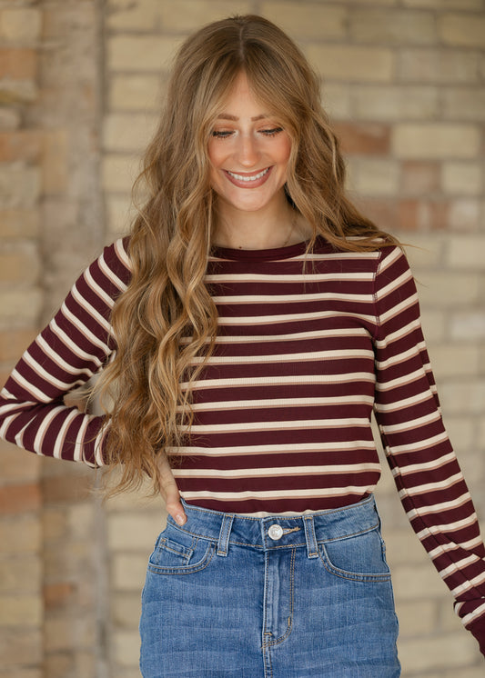 Thread & Supply Stacy Top featuring a crew neckline, maroon and cream stripes, and a fitted silhouette.