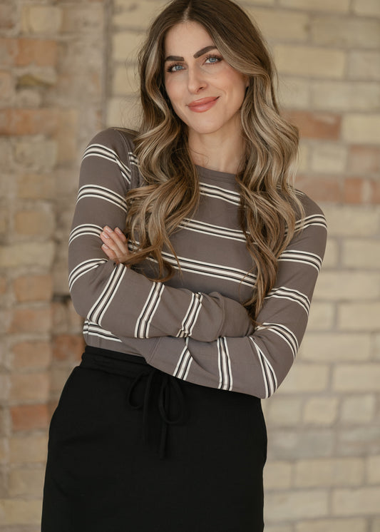 Thread & Supply Stacy Long Sleeve Top featuring horizontal stripes and a classic fitted shape.