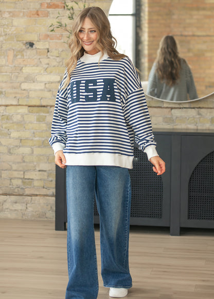 Oversized striped USA sweatshirt with drop shoulders and navy stripe pattern