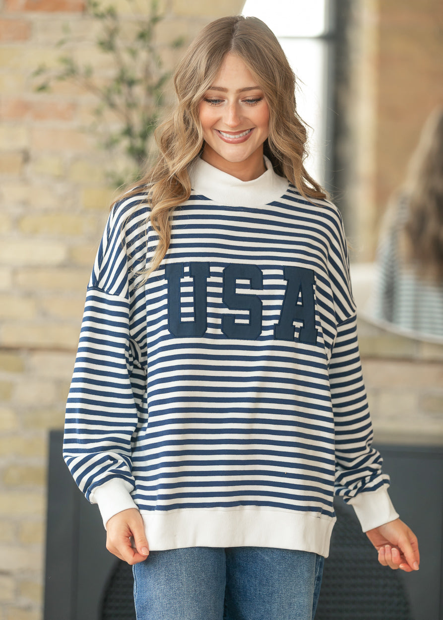 Relaxed fit USA mockneck sweatshirt with navy and ivory horizontal stripes