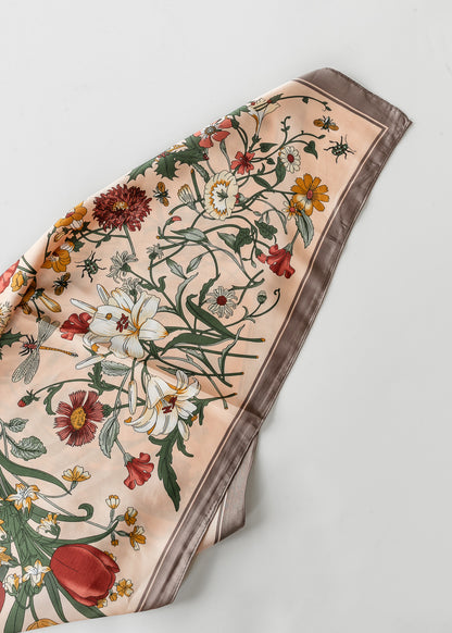 Botanical satin square scarf featuring blush background and detailed vintage-inspired floral print.