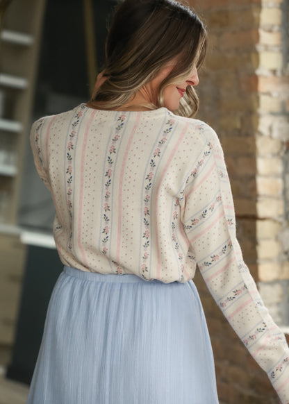 Back of cream floral stripe knit cardigan showing the vertical pink and blue pattern.