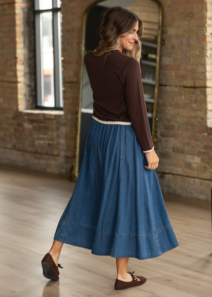 Chocolate contrast sweater styled with a blue denim midi skirt and brown tote