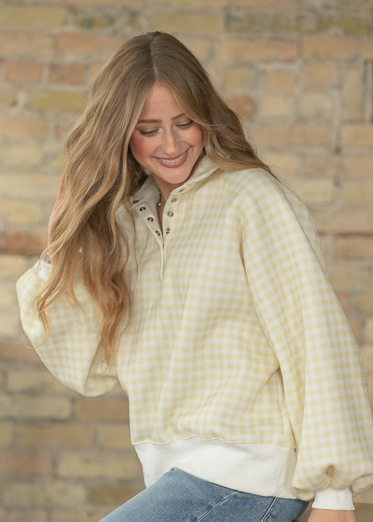 Yellow Gingham Quarter Snap Pullover