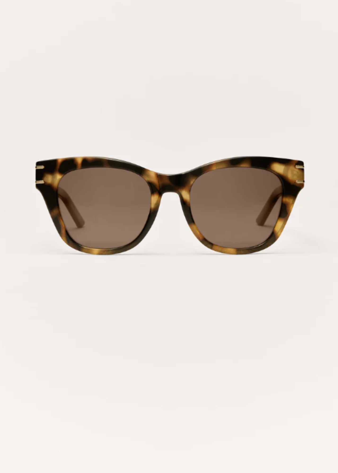 Front view of tortoise square sunglasses with brown polarized lenses.