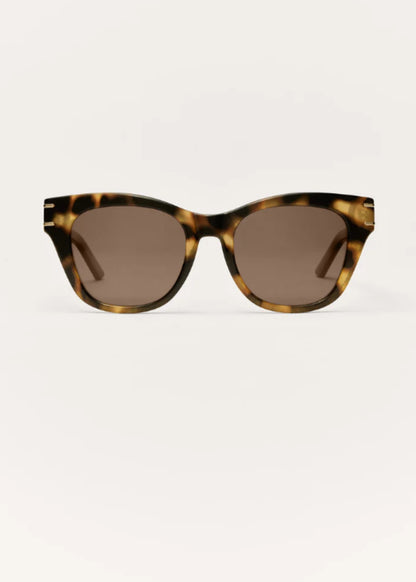 Front view of tortoise square sunglasses with brown polarized lenses.
