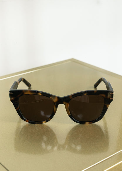 Front view of tortoise square sunglasses with polarized lenses.