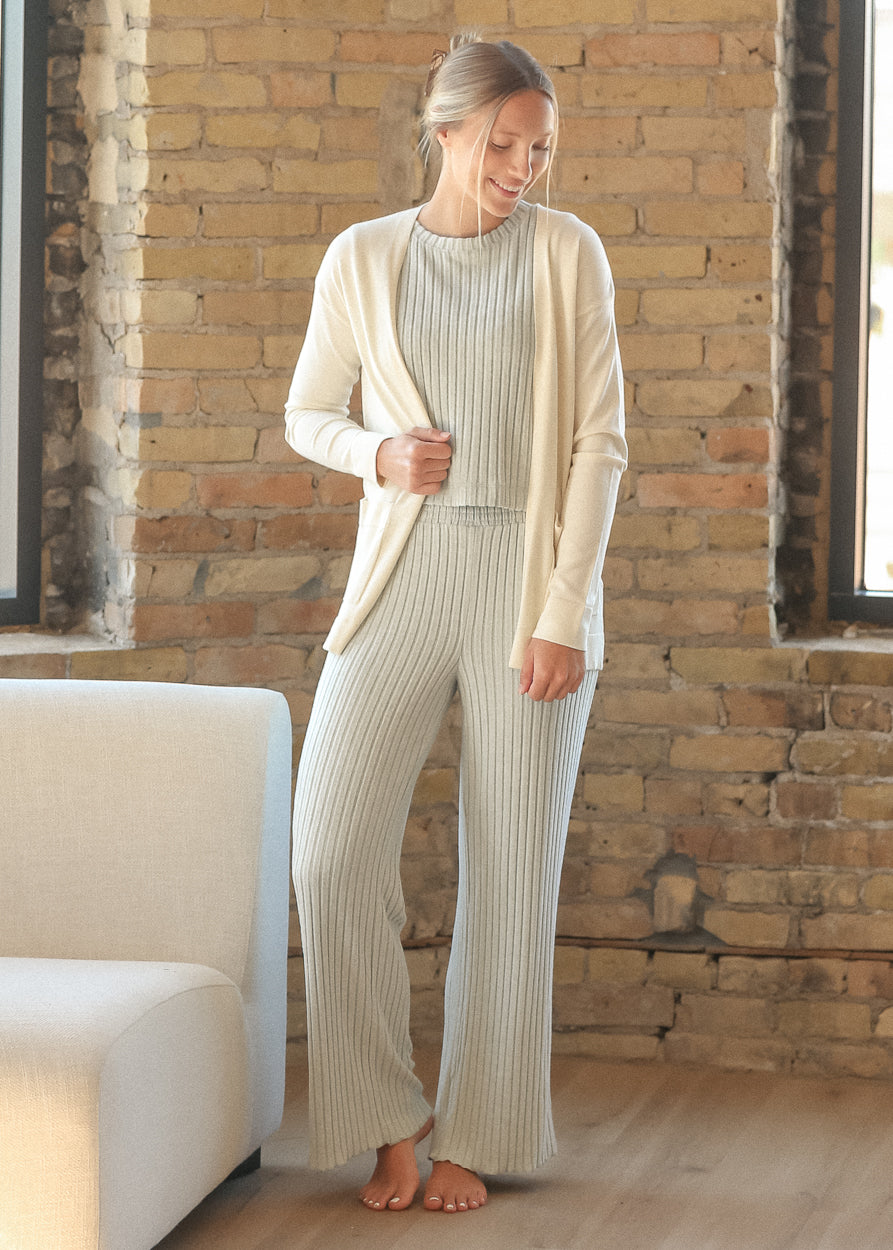 Ultra soft aqua ribbed pants with wide leg silhouette and elastic waistband.