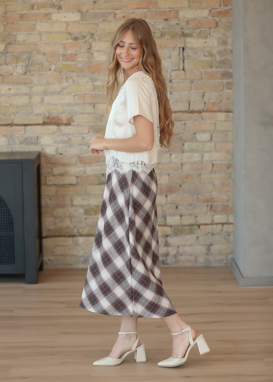 A-line Brown Plaid Midi Skirt FF Skirts