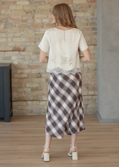 A-line Brown Plaid Midi Skirt FF Skirts