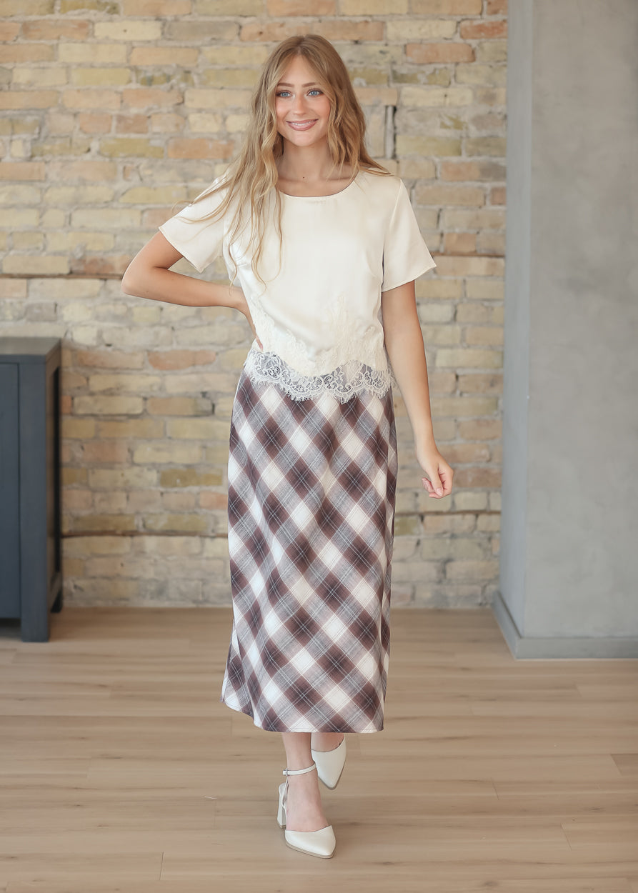A-line Brown Plaid Midi Skirt FF Skirts