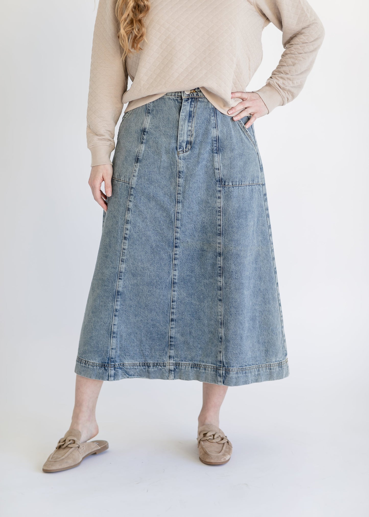 A-line Light Wash Denim Midi Skirt FF Skirts