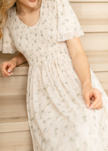 Abstract Floral Pleated Midi Dress FF Dresses