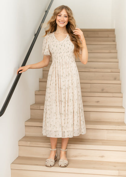 Abstract Floral Pleated Midi Dress FF Dresses