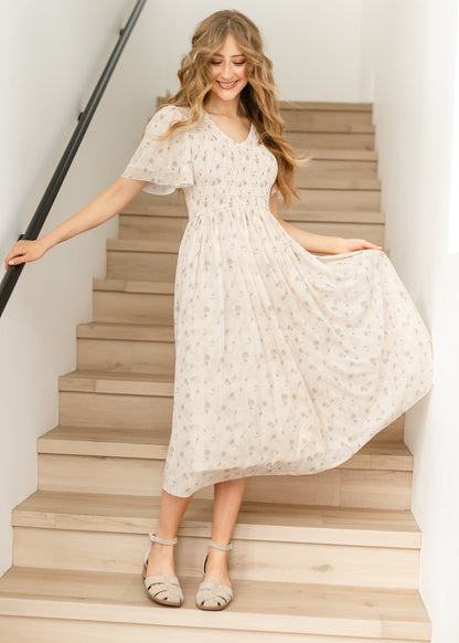 Abstract Floral Pleated Midi Dress FF Dresses