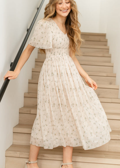 Abstract Floral Pleated Midi Dress FF Dresses