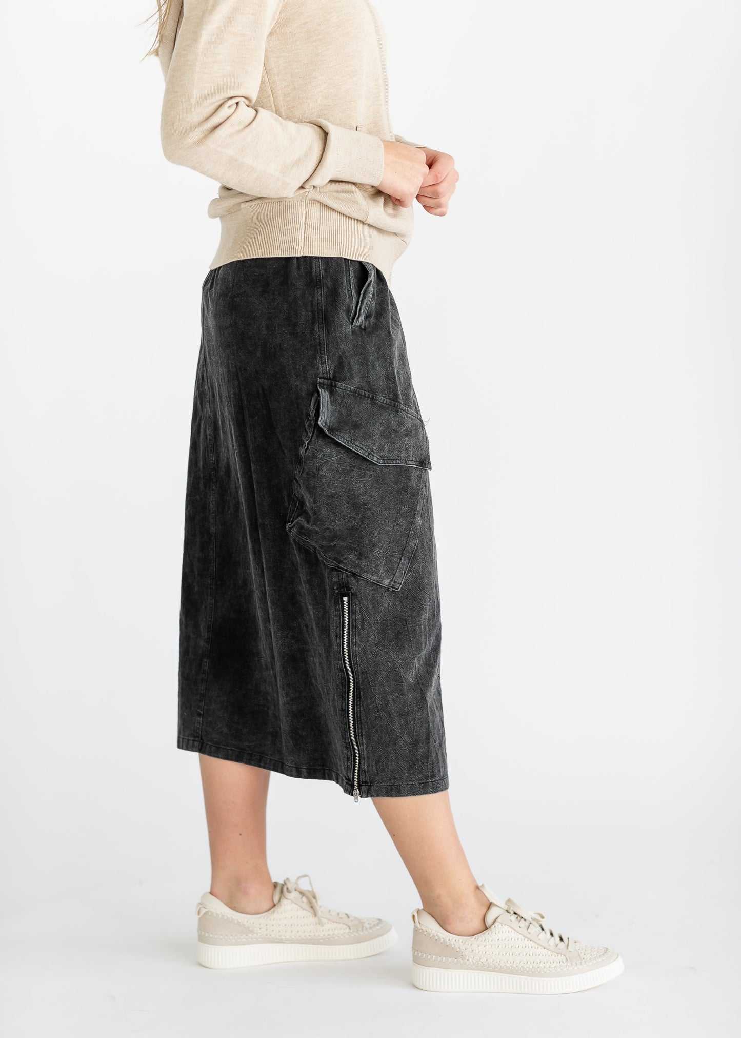 Acid Wash Black Denim Cargo Maxi Skirt FF Skirts