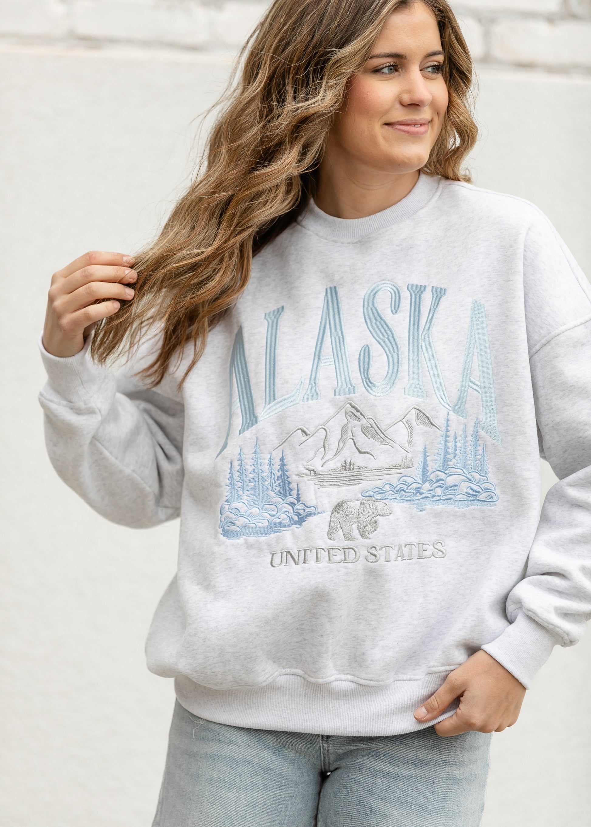 Alaska Embroidered Pullover Sweatshirt FF Tops