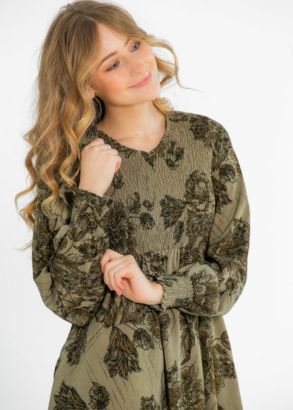 Aleeyah Smocked Long Sleeve Midi Dress IC Dresses