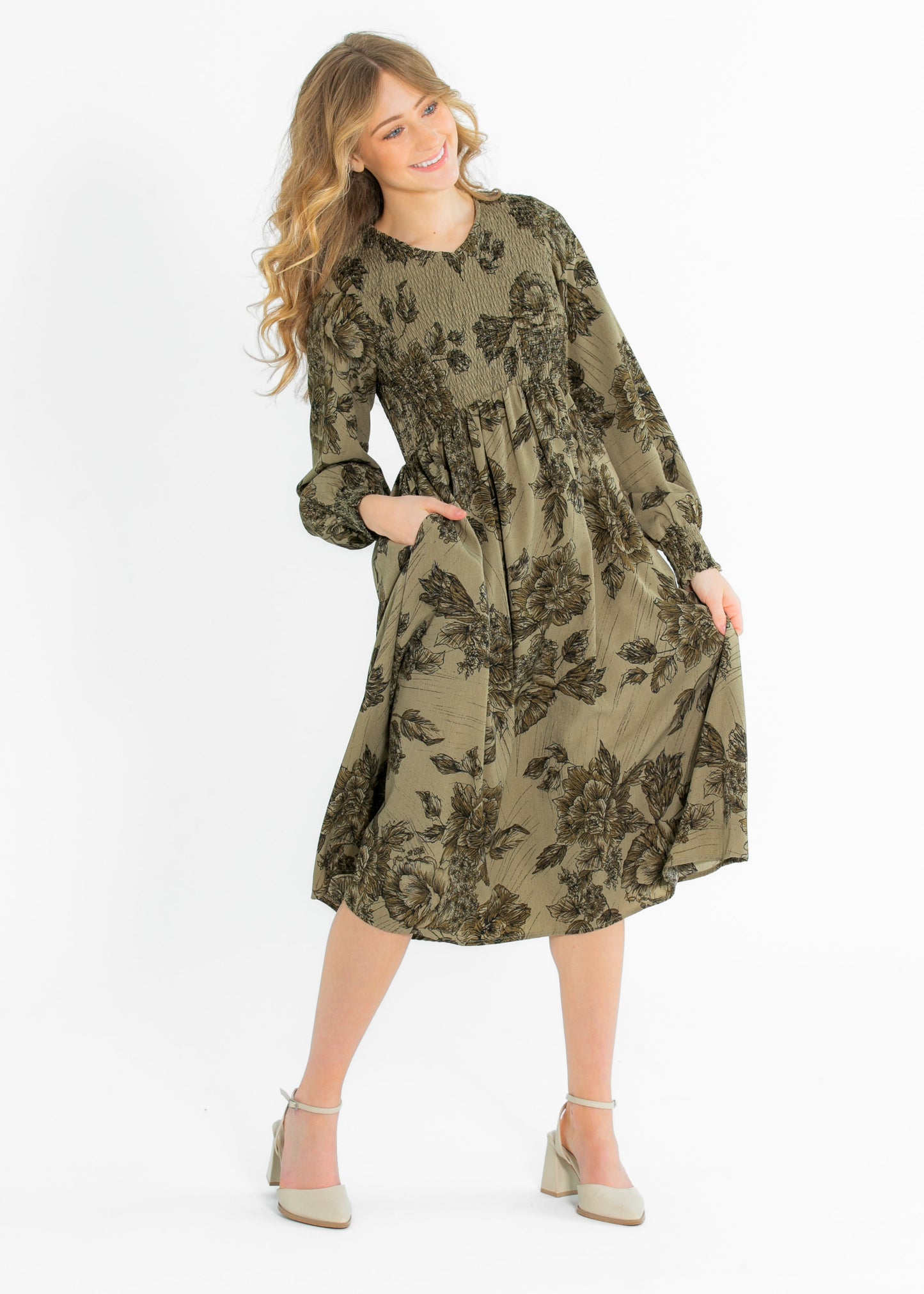 Aleeyah Smocked Long Sleeve Midi Dress IC Dresses