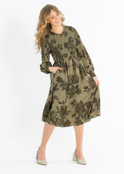 Aleeyah Smocked Long Sleeve Midi Dress IC Dresses
